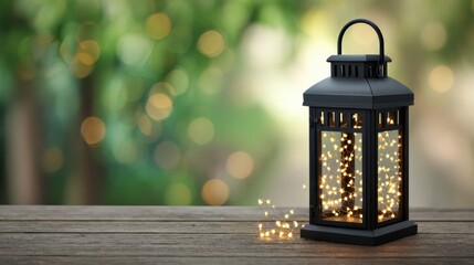 Elegant Lantern with Twinkling Lights on Wooden Surface Against a Natural Background with Bokeh Effects