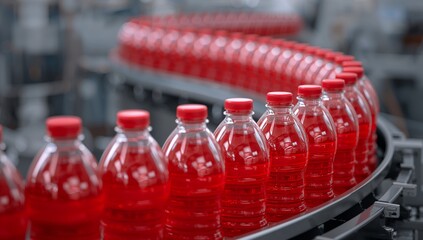 A continuous line of red soda bottles moving on a conveyor belt