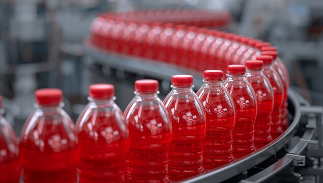 A continuous line of red soda bottles moving on a conveyor belt