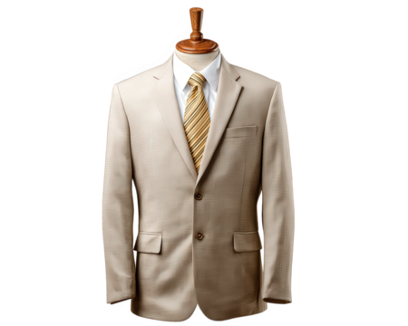 Light gray linen suit on mannequin, summer formal wear with striped yellow tie, elegant business attire for men, isolated on transparency background