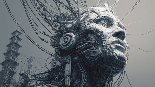 Robotic head with wires and cables connected with futuristic building in the background design concept