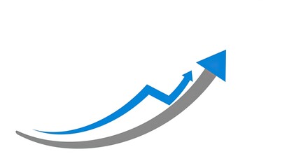 An upward trending business graph with a blue arrow and a gray curved line representing growth.