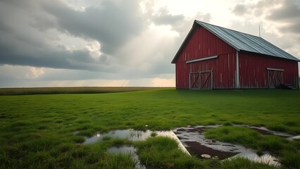 Obraz premium Rustic red barn standing in a vibrant green field with shimmering puddles, bathed in a dramatic ray of sunlight breaking through a cloudy sky after a rain shower