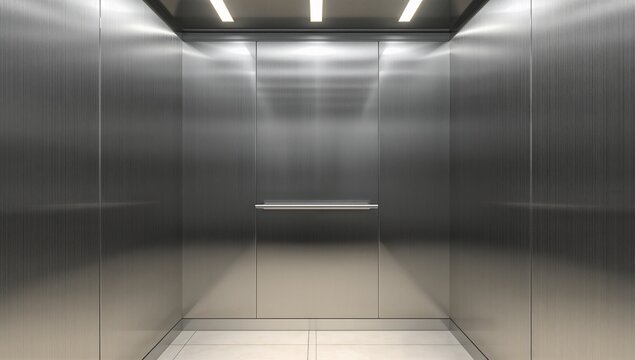 A sleek and modern elevator interior with stainless steel paneling