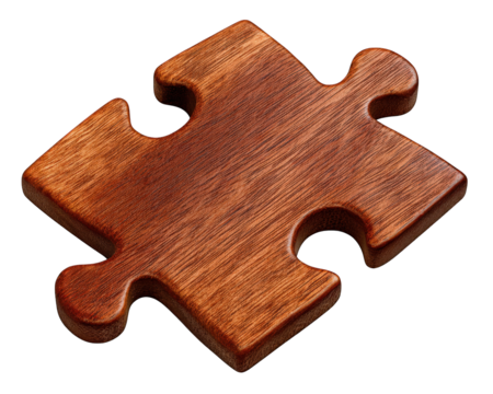 Wooden jigsaw puzzle piece with smooth texture, vintage style, isolated on transparency background, evokes nostalgia and creativity for educational or playful settings
