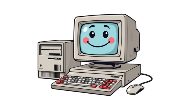 Cartoon retro computer with a happy face on a black background Keywords: computer, retro, cartoon, vintage, technology, happy, face isolated on a transparent background
