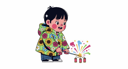 A young child igniting colorful fireworks on a festive occasion outdoors