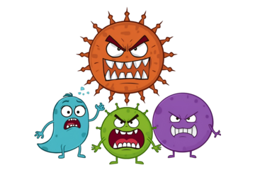Cartoon virus characters with angry expressions on black background Keywords: virus, bacteria, germ, cartoon, character, monster isolated on a transparent background