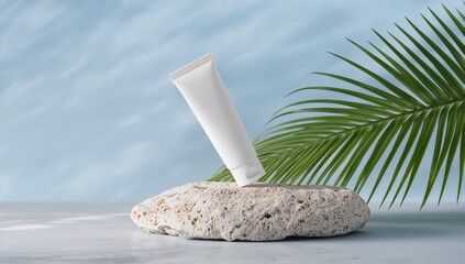White cosmetic tube presented on a rock with tropical leaves nearby