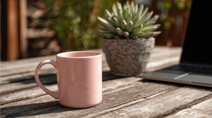 Cozy Workspace with Pink Coffee Mug, Succulent Plant, and Laptop on Rustic Wooden Table Under Warm Sunlight