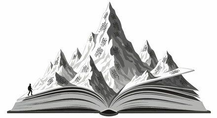 A person stands on an open book with mountain peaks rising from its pages, viewed from the front