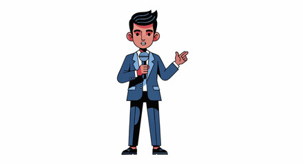 A man in a blue suit gesturing while holding a phone