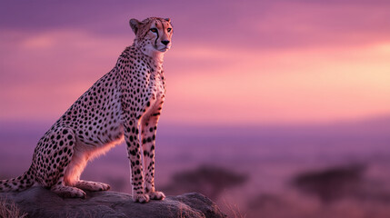 Cheetah Sitting on Rock at Sunset