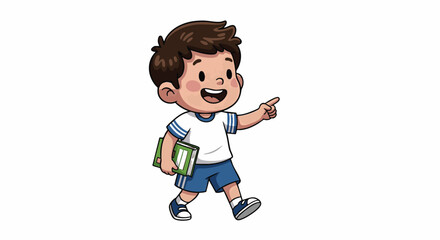 A young boy walking and pointing while carrying books in a casual setting