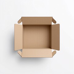 Empty cardboard box with flaps open viewed from directly above