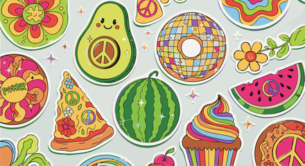 A vibrant illustration featuring fruits and desserts with peace signs and colorful patterns on a light background viewed from directly above.