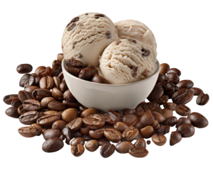 Coffee ice cream with chocolate chips in white bowl surrounded by roasted coffee beans, creamy texture, dessert element, delicious and inviting for sweet treat lovers