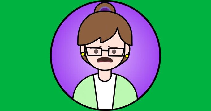 Female avatar wearing glasses and yellow studs in purple frame on transparency, showing technology