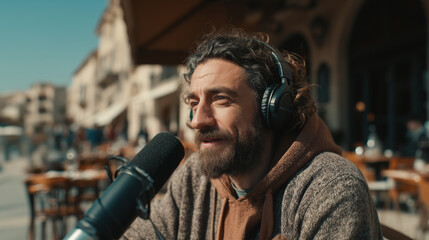 A man wearing headphones and a microphone is sitting at a table. He is smiling and he is enjoying himself. The scene takes place in a public area with several chairs and dining tables