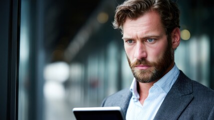 Business professional analyzing data corporate office portrait modern environment close up focus on decision making