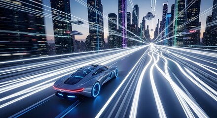 Fototapeta premium Futuristic Car Light Trails on City Highway at Night - Urban Mobility, High-Speed Transport, Modern Technology