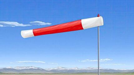 Red and white windsock against a blue sky