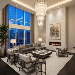 Luxurious modern living room in a high-rise apartment with a grand chandelier, marble fireplace, and panoramic city views at dusk, featuring sophisticated neutral decor and warm ambient lighting.