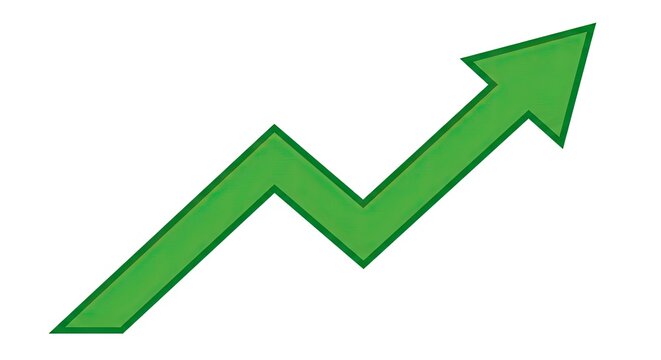 A green jagged arrow pointing up and to the right, symbolizing growth, progress, and positive financial market trends.