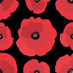 Floral Background with Red Poppies. Seamless Pattern with Big Red Flowers. Vector illustration on Black Background