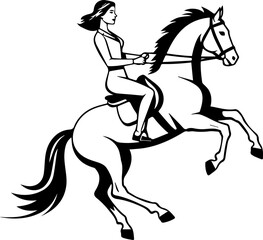 Black and white line art of a beautiful woman with perfect body riding horse elegant minimalist illustration
