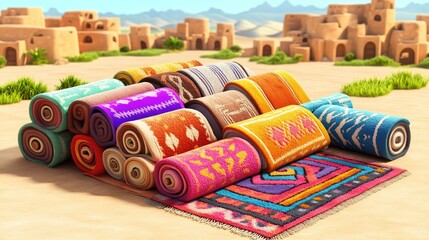 Colorful rugs rolled up, desert market scene