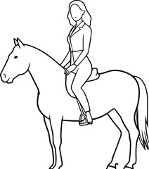 Black and white line art of a beautiful woman with perfect body riding horse elegant minimalist illustration

