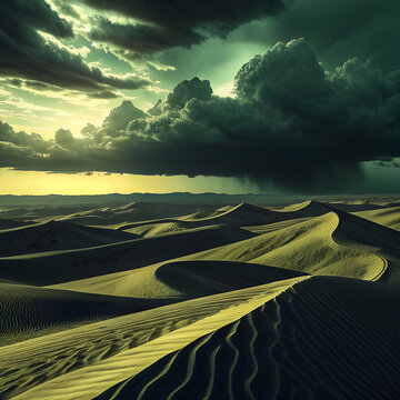 Dramatic storm clouds over rolling desert dunes at sunset