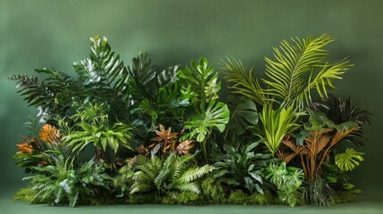 Obraz premium Lush Tropical Greenery Arrangement with Various Leafy Plants and Foliage