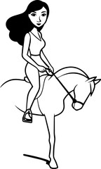 Black and white line art of a beautiful woman with perfect body riding horse elegant minimalist illustration

