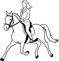 Black and white line art of a beautiful woman with perfect body riding horse elegant minimalist illustration
