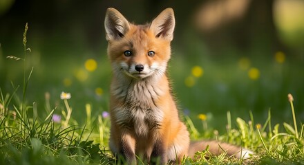 ​A small fox kit sits in a sunlit meadow, looking directly at the camera. Its fur is a mix of brown, white, and orange