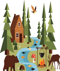 Flat Vector Illustration of Cabin in Forest with Nature and Wildlife
