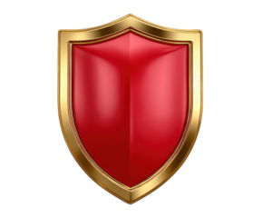 Red shield gold border glossy finish security symbol protection emblem isolated on white classic shape 3D illustration safety concept elegant design