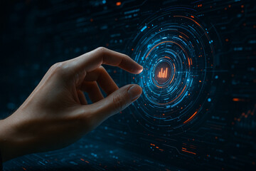 AI generated ultra realistic concept of human hand interacting with holographic interface showing data visualization and cyber technology in futuristic environment