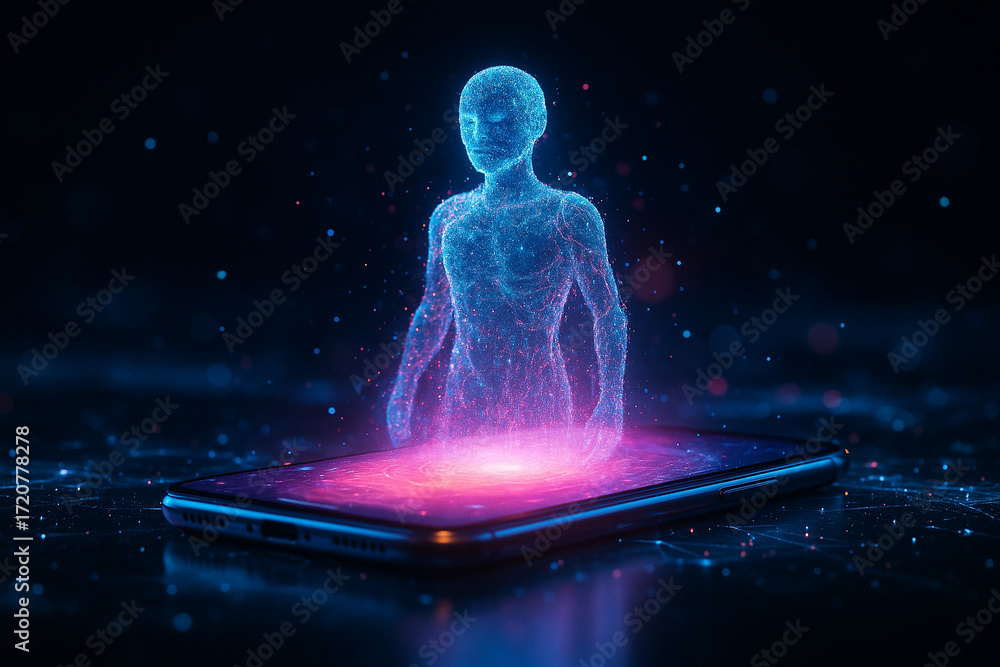 Poster ai generated ultra realistic artwork of a smartphone projecting a glowing holographic virtual human 