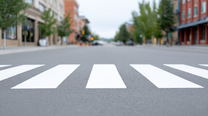 Crosswalk on empty street in neighborhood with buildings and trees showing assistance for safe pedestrian crossing