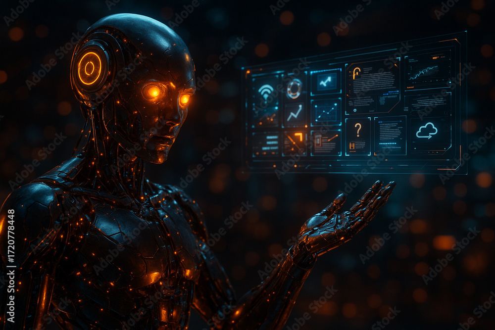 Poster ai generated humanoid robot with glowing eyes interacting with digital hologram interface futuristic