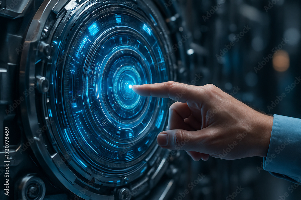 Poster ai generated futuristic technology concept showing human hand touching glowing digital interface sym