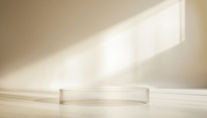 Glass podium against aesthetic background with sunlight shadows for product presentation, branding and cosmetic display.