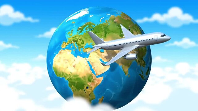 Airplane soaring around the vibrant Earth, symbolizing global travel and adventure.
