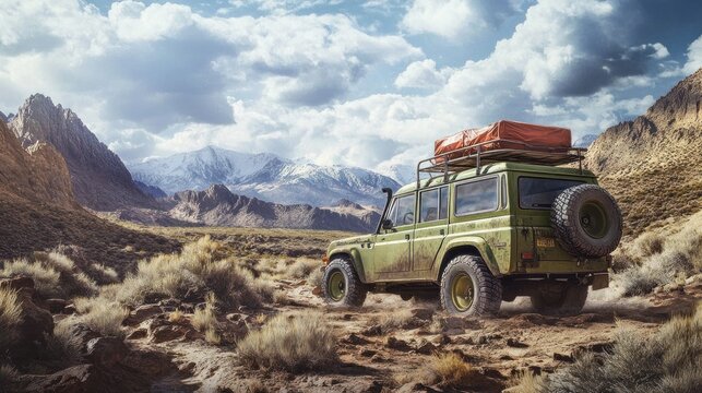 Vintage off-road vehicle exploring desert terrain with rugged mountain scenery