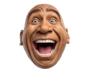 Happy face comedy mask funny expression wide smile joyful emotion isolated realistic brown skin adult male front view humor