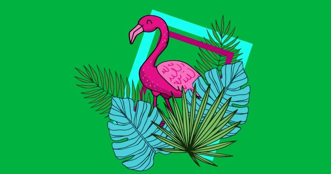 Cartoon flamingo standing among monstera and palm leaves on transparent background for business