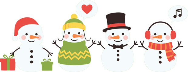 Four cheerful snowmen dressed for winter celebrate with gifts and music